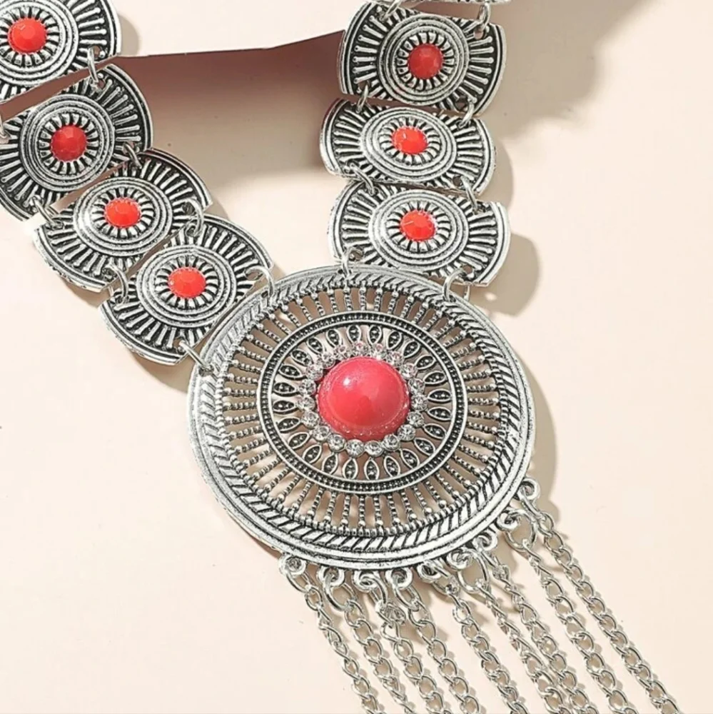 Large silver fringe necklace Red Beaded rhinestone‎ Western boho Statement Piece